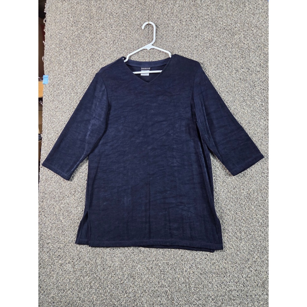 Citi Knits Blouse Womens Medium Navy Blue Excellent 3/4 Sleeve V-Neck USA Made